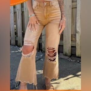 Distressed  “coffee w cream”  Flare Jeans NWOT